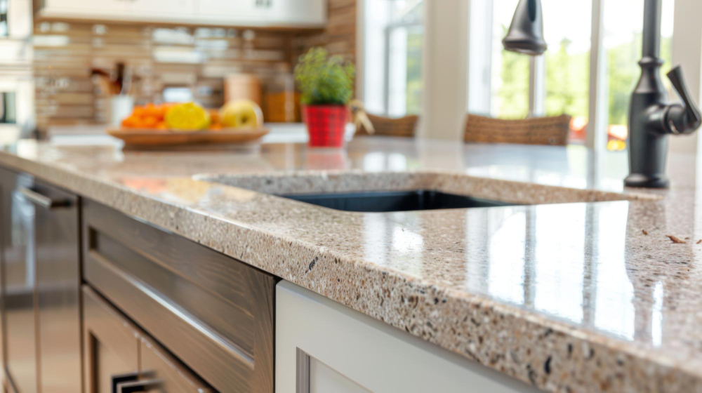 Close-up of a glossy, polished granite or quartz kitchen countertop in beige and brown speckles, featuring an undermount sink and a dark bronze faucet. The background shows a light-filled kitchen with a tiled backsplash and a bowl of fruit