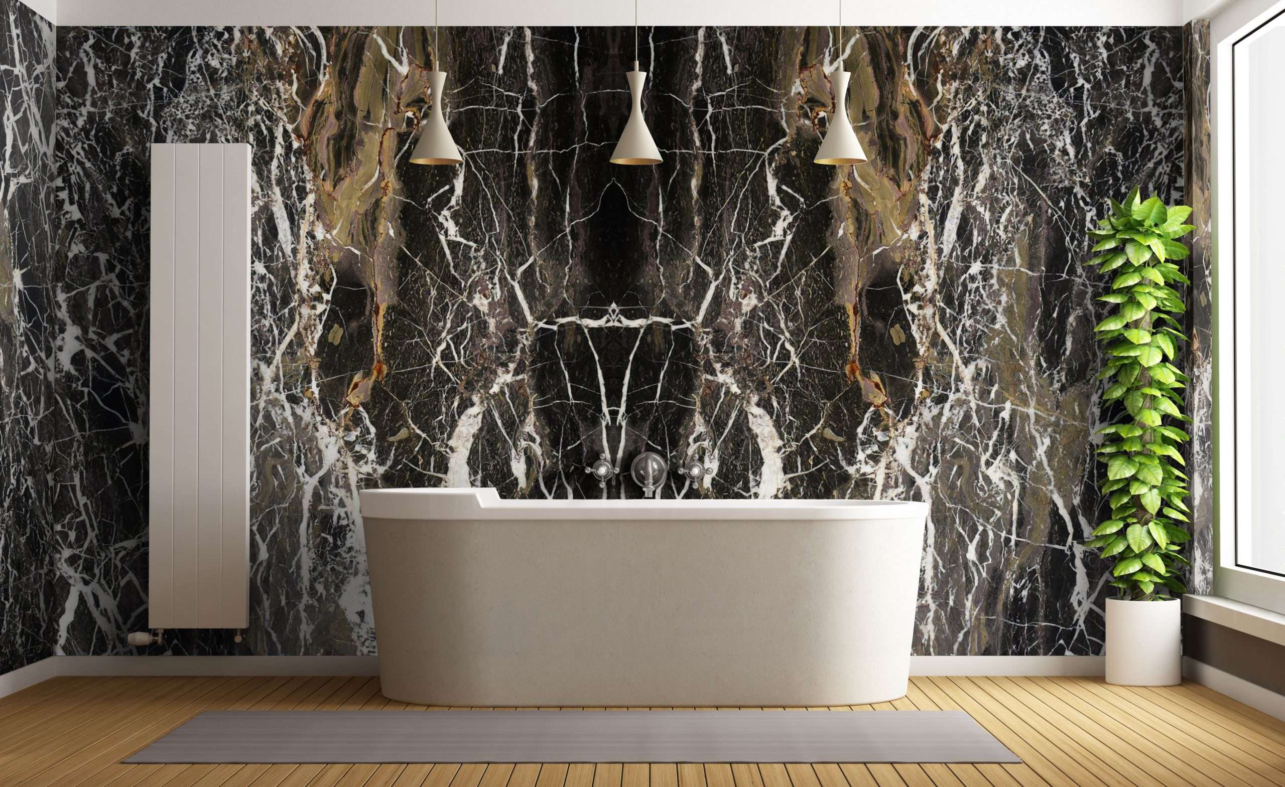 Luxurious bathroom interior featuring a freestanding white bathtub in front of a striking bookmatched Enigma marble wall with dramatic dark tones and bold white veining.