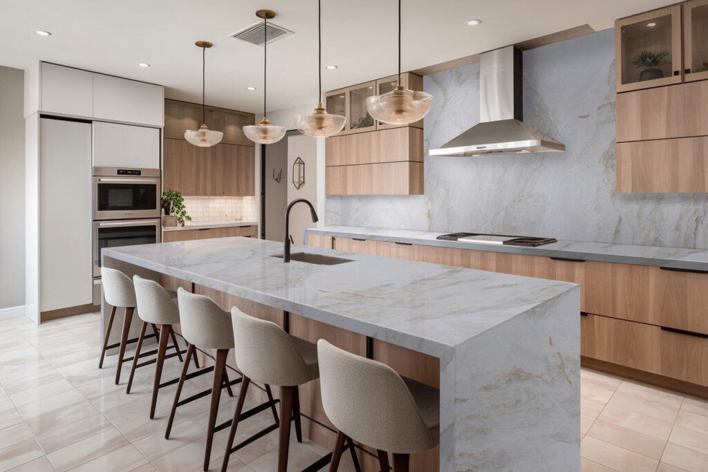 Modern kitchen with marble waterfall island, light wood cabinetry and amber glass pendants