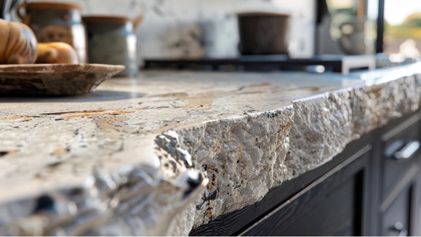 Close-up of a thick kitchen countertop edge with a heavily textured, natural, or 'live' edge finish, likely limestone or a similar stone with visible pitting and rough surface detail. The top surface of the counter is polished.