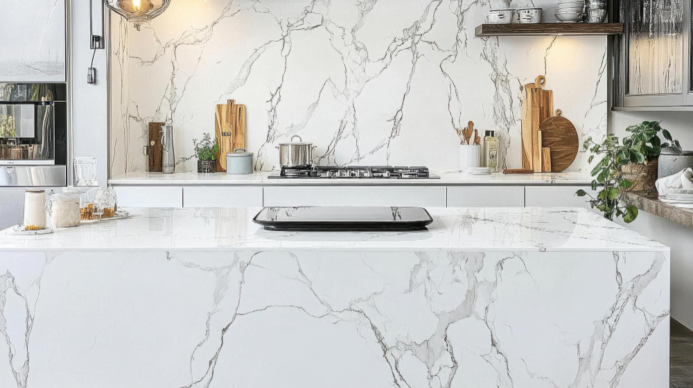 Modern white kitchen with dramatic veined marble waterfall island, full-height backsplash and induction cooktop