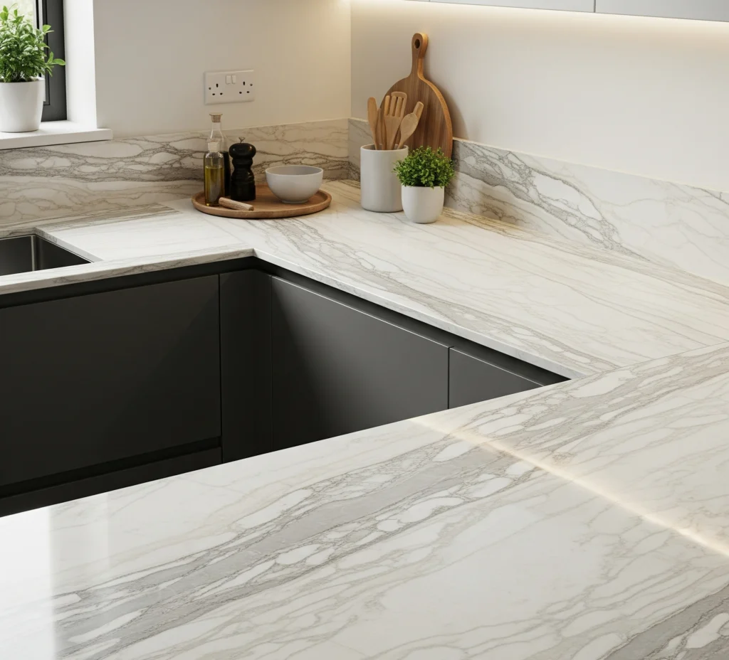 Modern kitchen with white marble countertops and gray veining, dark cabinets, and a built-in sink.