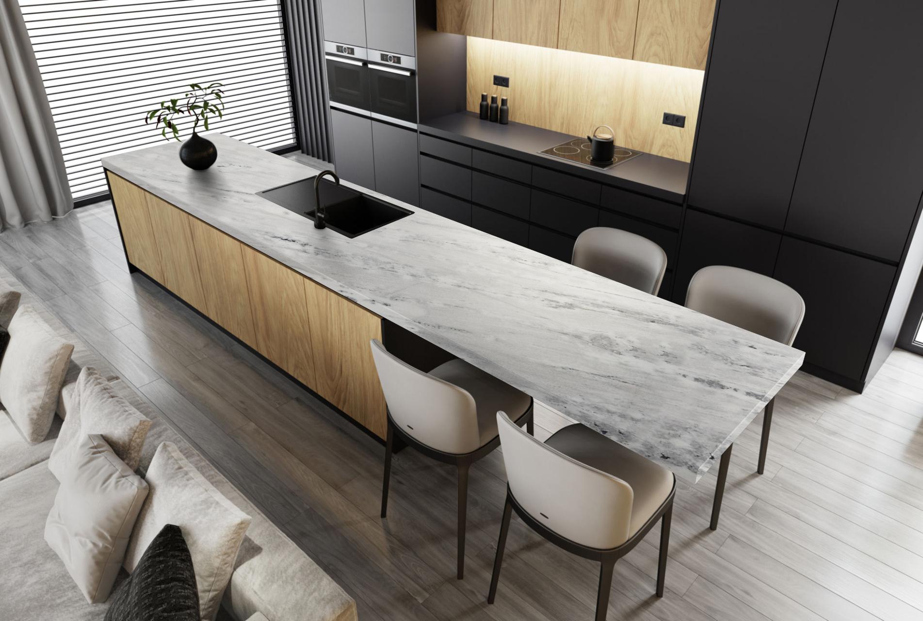 Modern kitchen with Shadow Storm marble island, light wood cabinetry, matte black units, and light grey wooden floors.