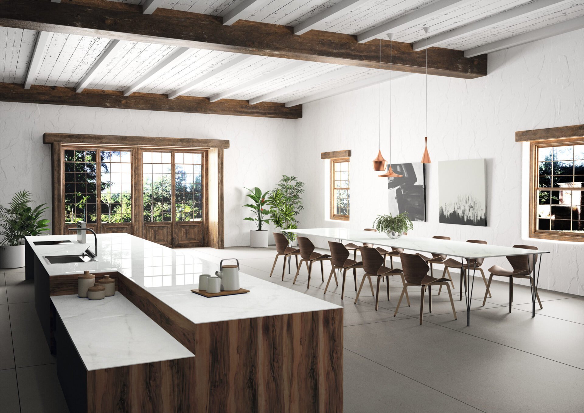Modern kitchen and dining area with white marble countertops, wooden island, white walls, and exposed wooden beams.