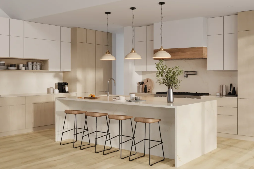 Modern kitchen with light wood and white cabinets, large marble island, four bar stools, and pendant lights.