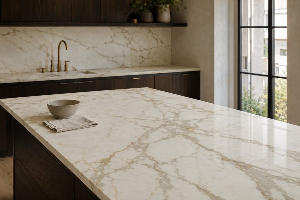 Calacatta Gold marble countertops and backsplash paired with dark wood cabinets in a sophisticated modern kitchen.