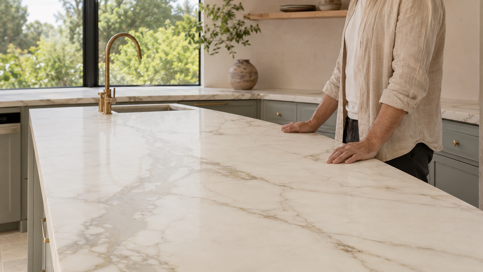 Person leaning on a Calacatta Gold marble island in a bright kitchen with sage green cabinets and brass fixtures.