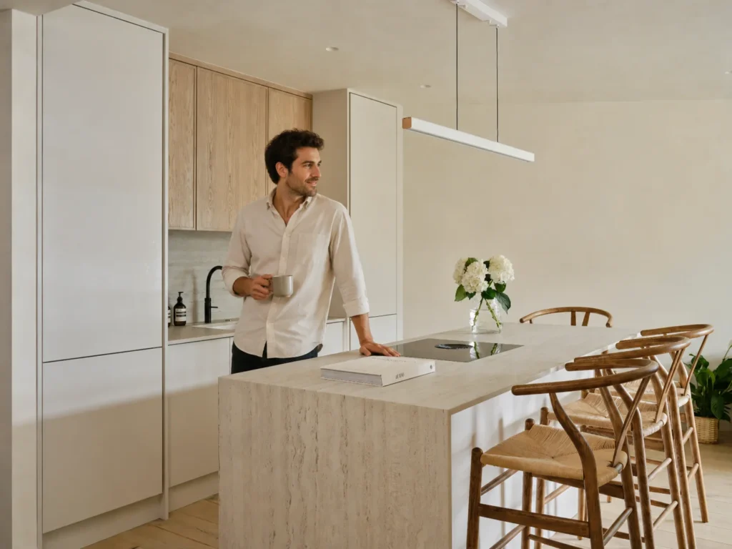 Man drinking coffee in a modern minimalist kitchen with light wood and stone accents.