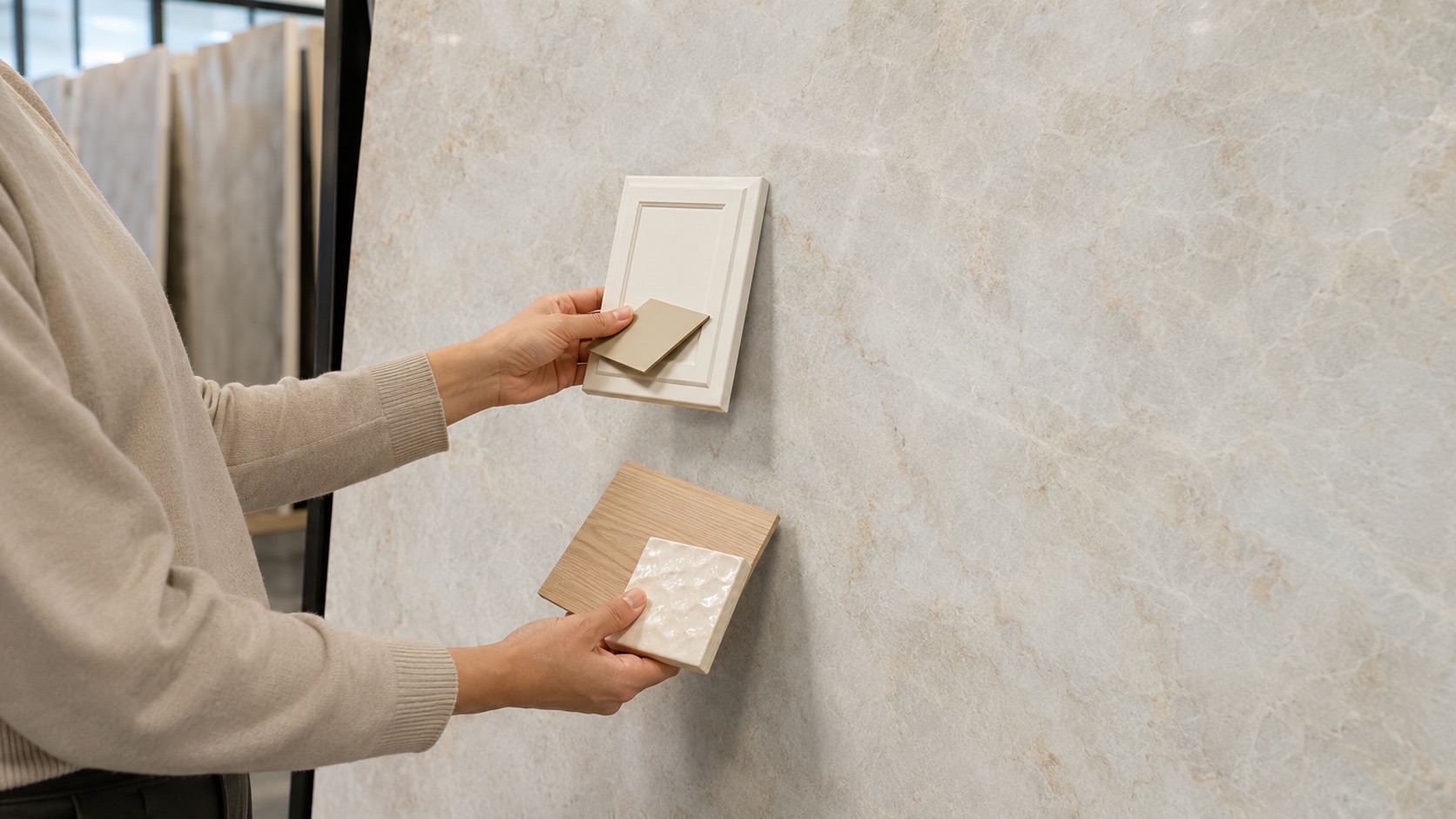 Designer comparing warm cabinet, wood, and tile samples against a full Taj Mahal quartzite slab.