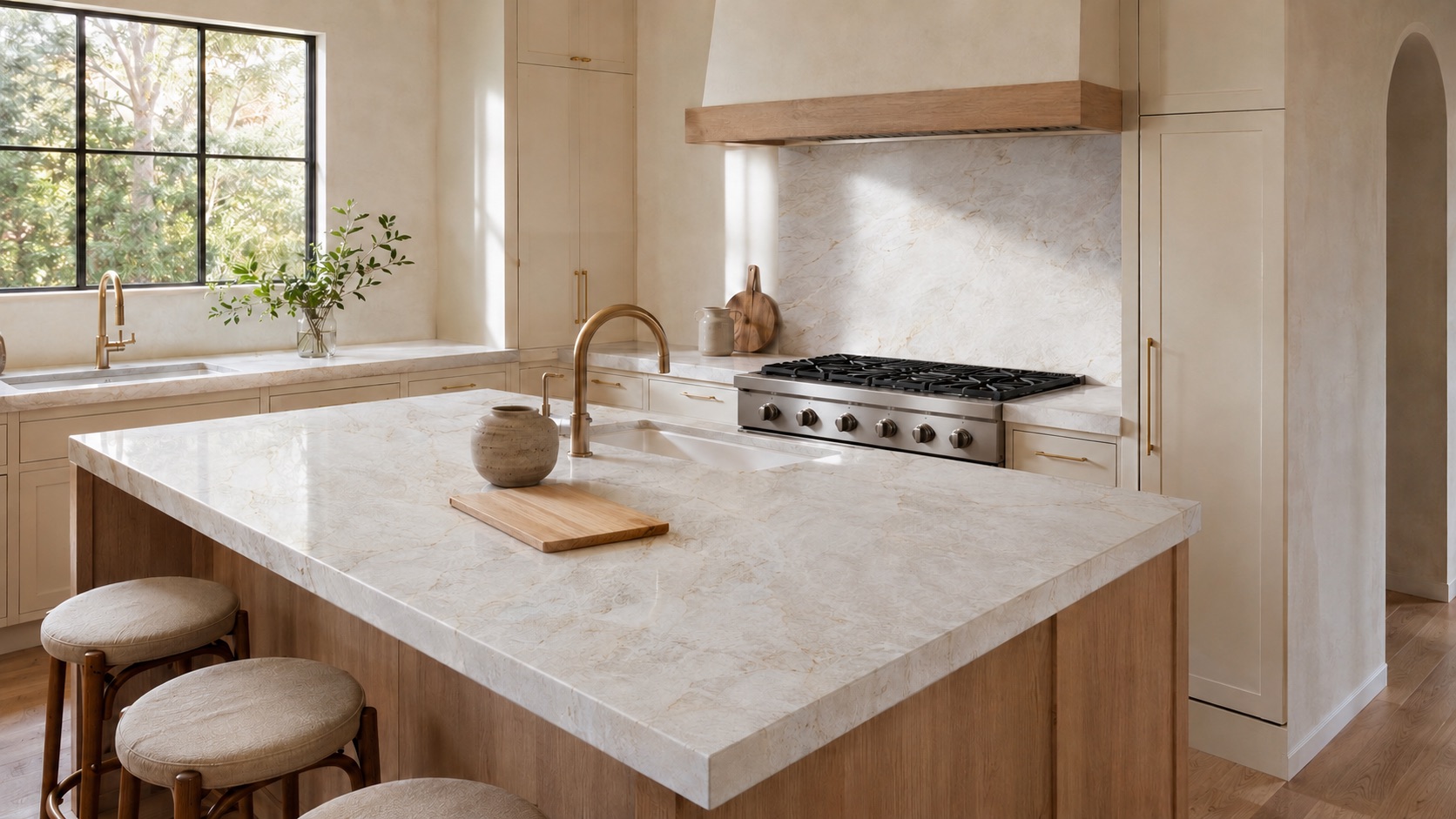 Taj Mahal quartzite countertops paired with warm cream cabinets, natural wood, and brass fixtures.