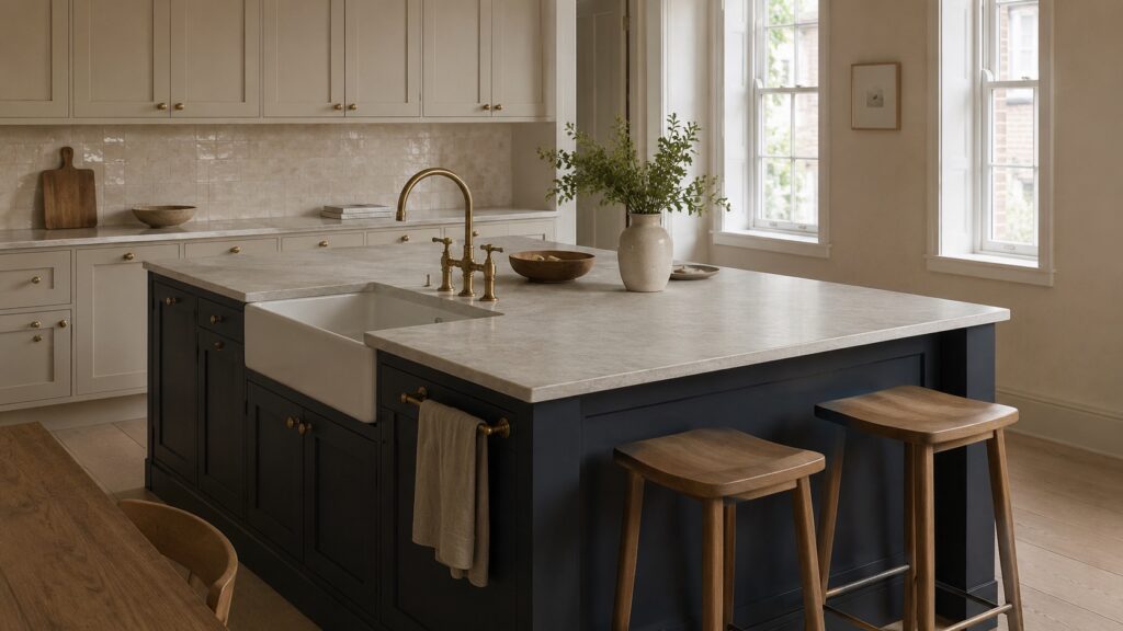 Honed Taj Mahal quartzite countertop on a navy kitchen island with brass hardware and a fireclay sink.